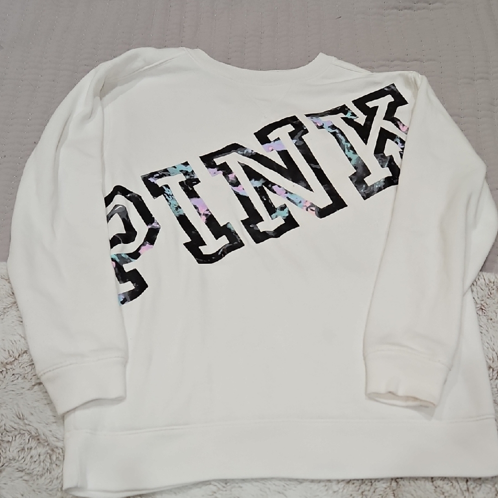 White PINK Sweatshirt with Floral Lettering